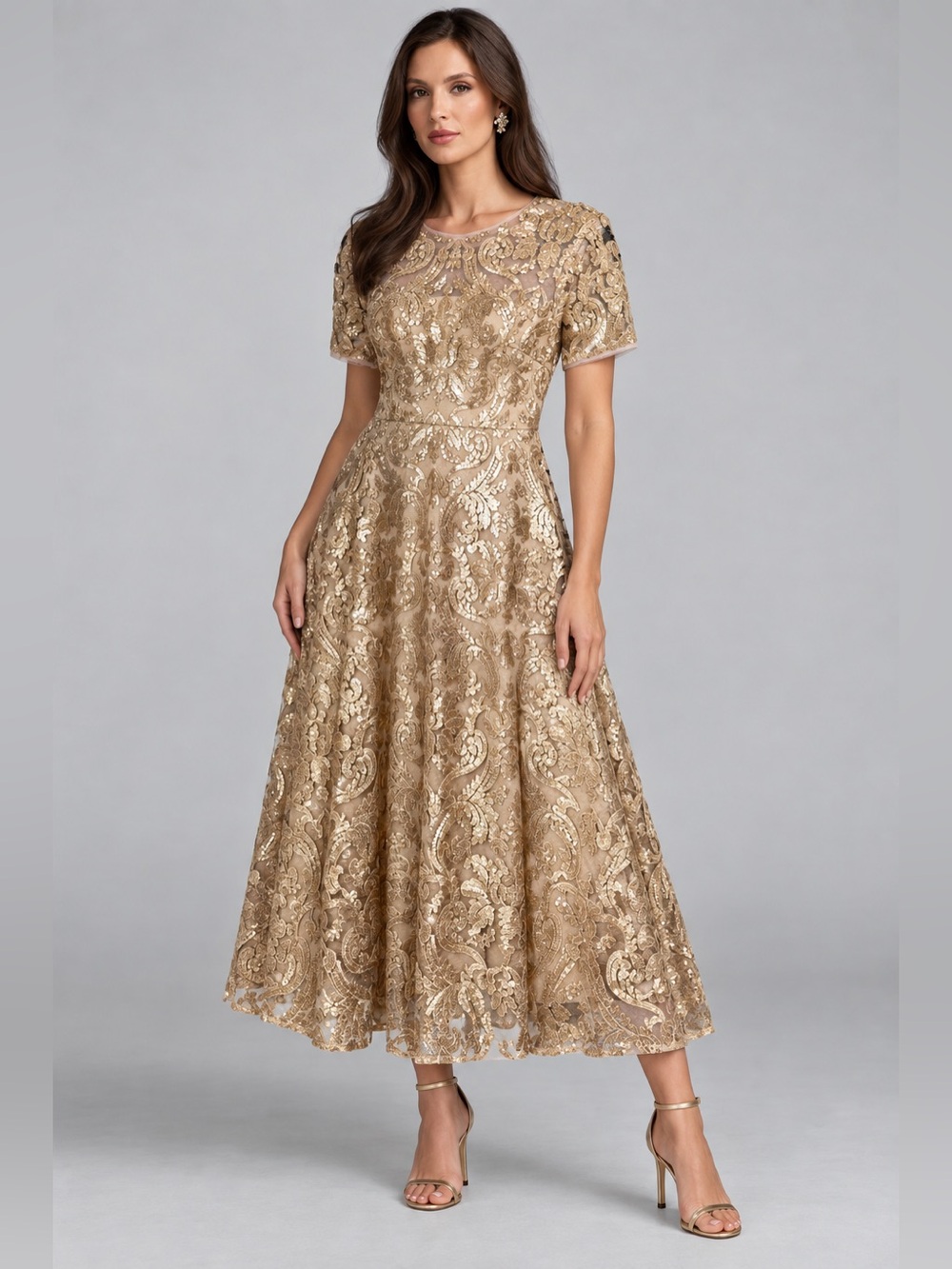 NWT Champagne Gold Sequin Embroidered Illusion Maggy London Dress 6